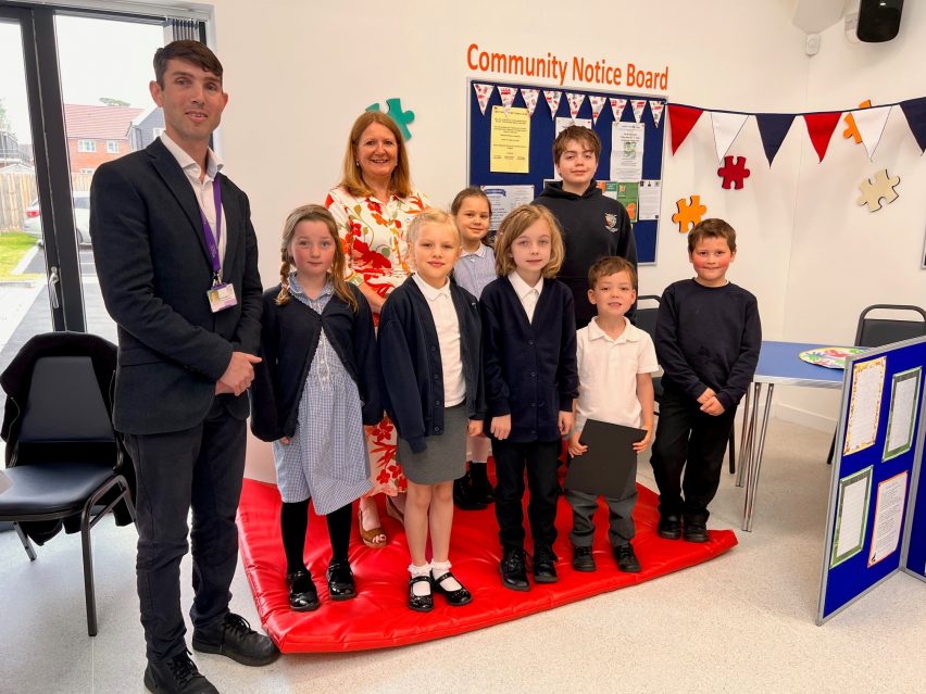 Mr Cunningham, dep head and Cllr Helen Crane with children from St Peter and St Paul Carbrooke