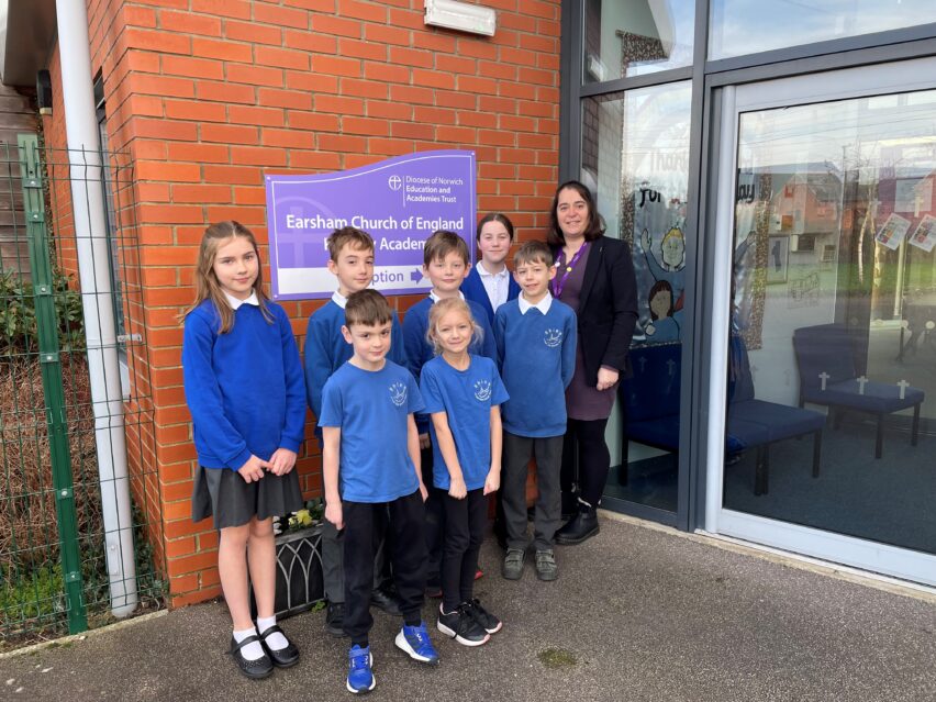 Mrs Heather Brand Executive Headteacher with pupils from Earsham CofE Primary Academy